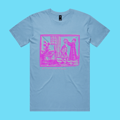 Yes, I am still single and barren - carolina blue staple t-shirt with medieval woodcut illustration showing a witch and enemi