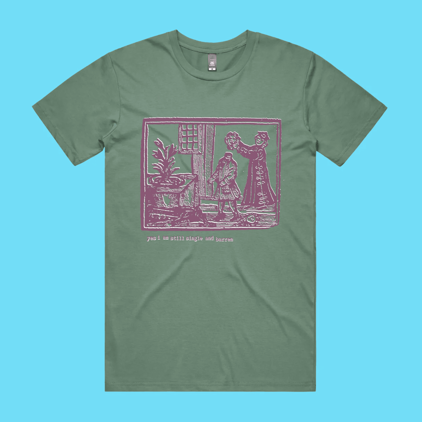 Yes, I am still single and barren - sage staple t-shirt with medieval woodcut illustration showing a witch and enemies - fthi