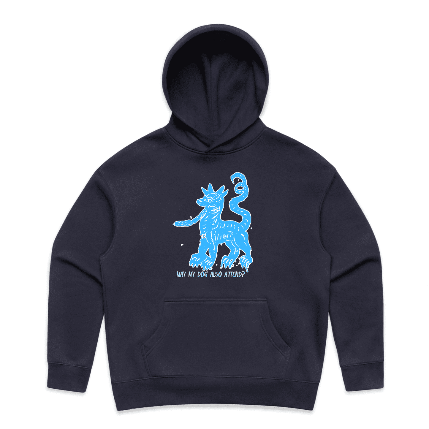 "may my dog also attend?" - medieval woodcut design on women's hoodie in ink blue - fthis