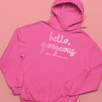 "Hello gorgeous! I meant your dog" - hoodie in charity pink mockup - fthis