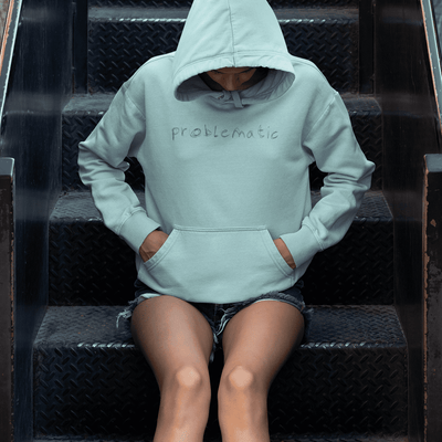 "Problematic" - hoodie in seafoam mockup - fthis