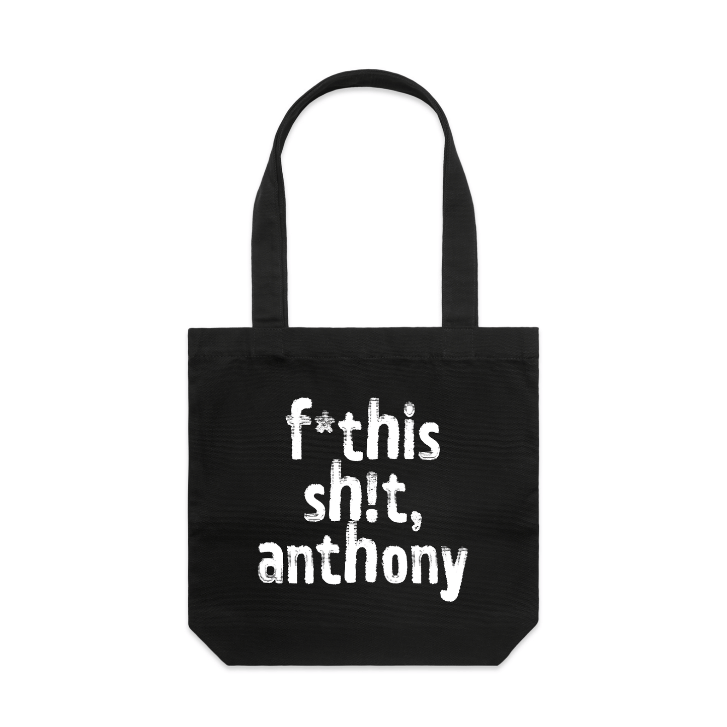 Direct your rage at anthony political tote bag in black, hanging flat lay — fthis