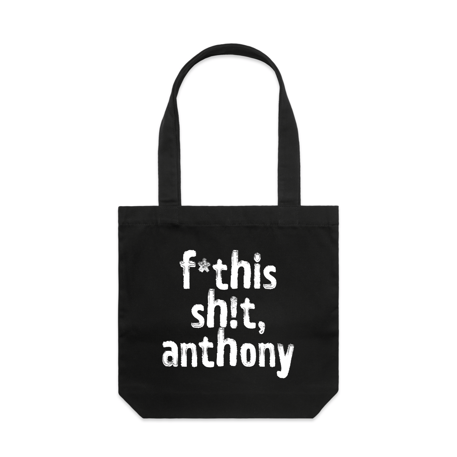 Direct your rage at anthony political tote bag in black, hanging flat lay — fthis