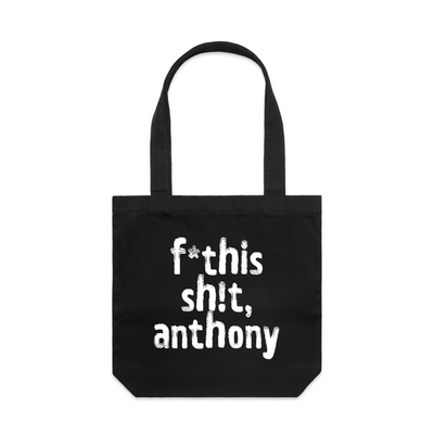 Direct your rage at anthony political tote bag in black, hanging flat lay — fthis