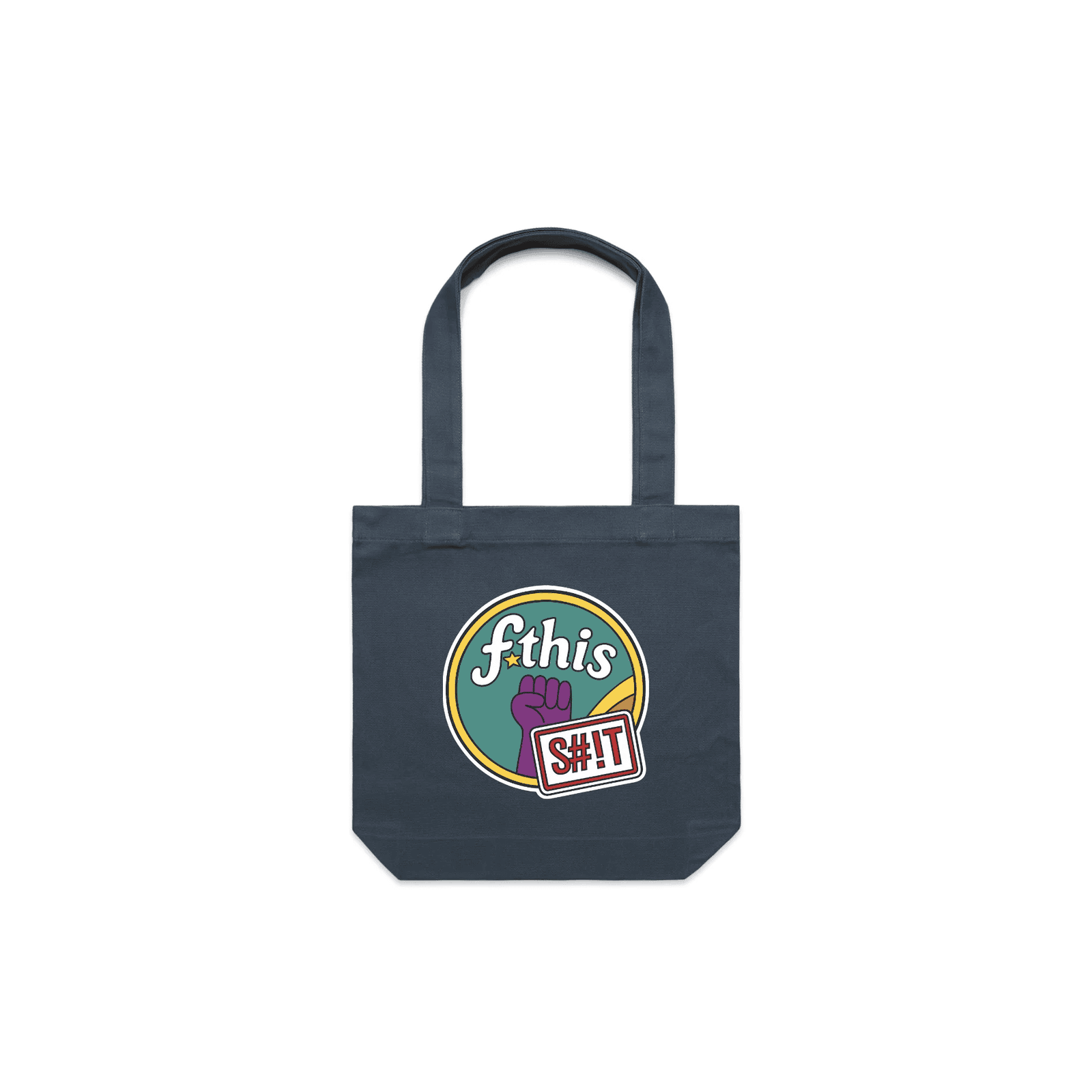 OG tote - petrol blue canvas tote bag featuring a retro “fthis sh!t” protest graphic with raised fist and bold design
