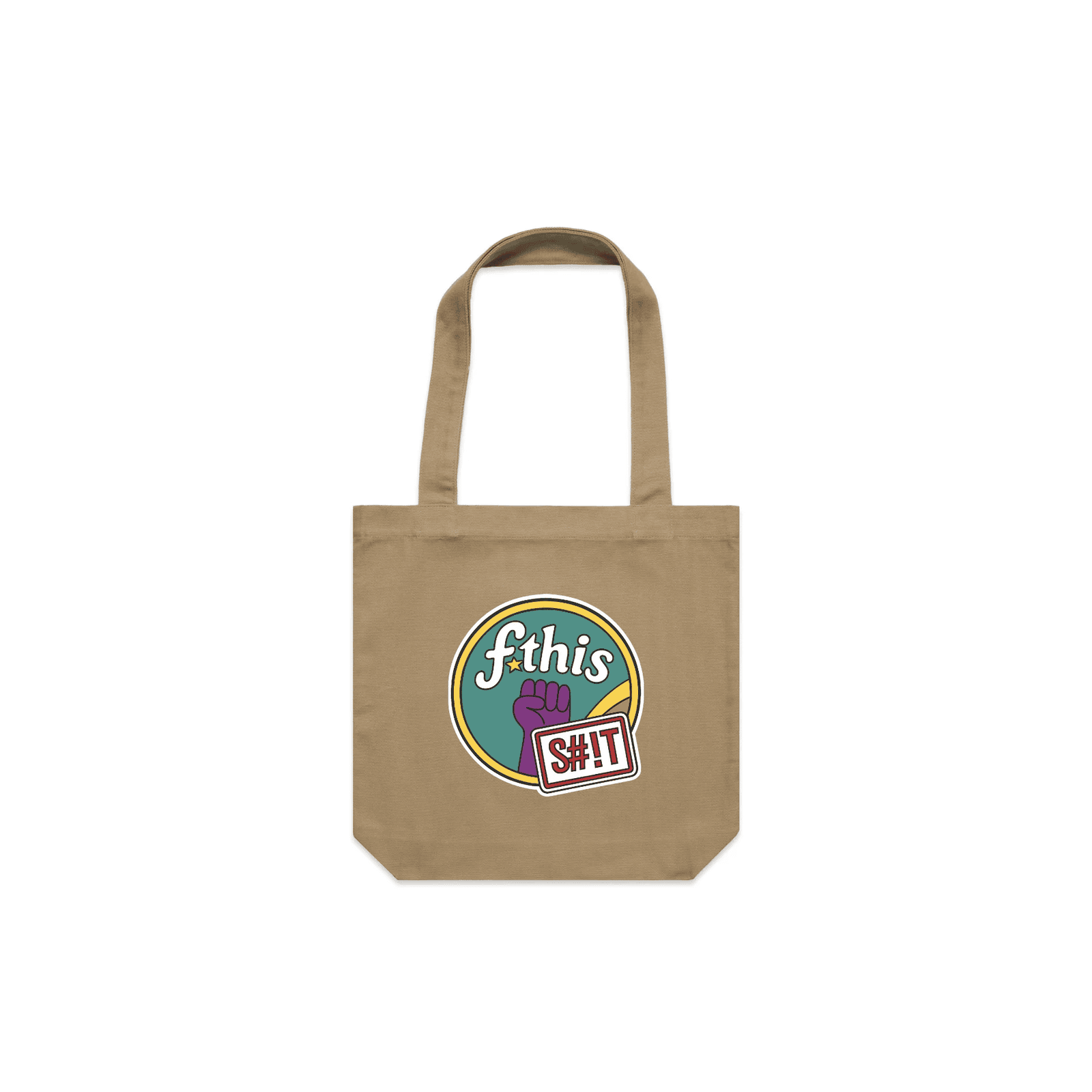 OG tote - khaki canvas tote bag featuring a retro “fthis sh!t” protest graphic with raised fist and bold design