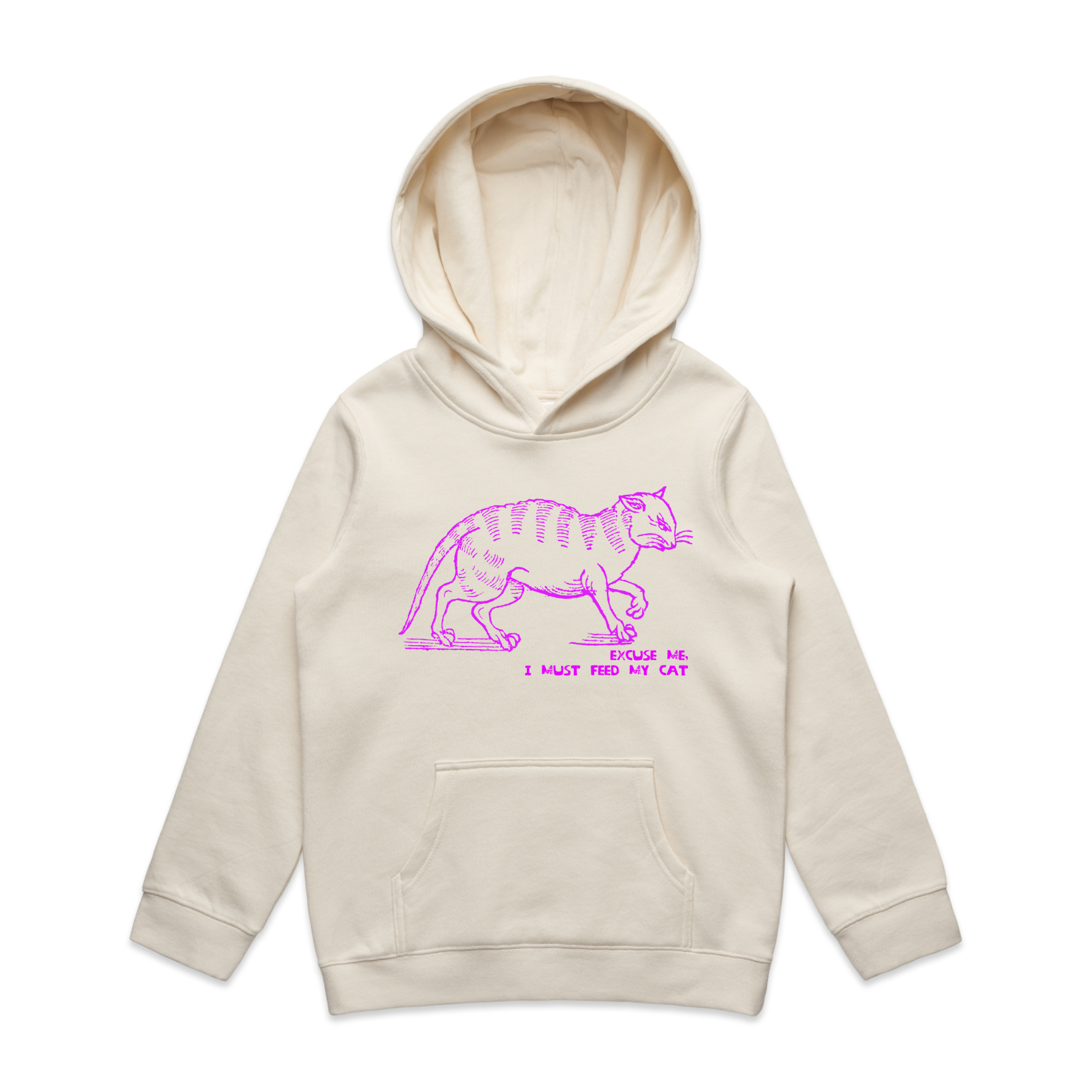 I must feed my cat vintage design kids hoodie in ecru — fthis