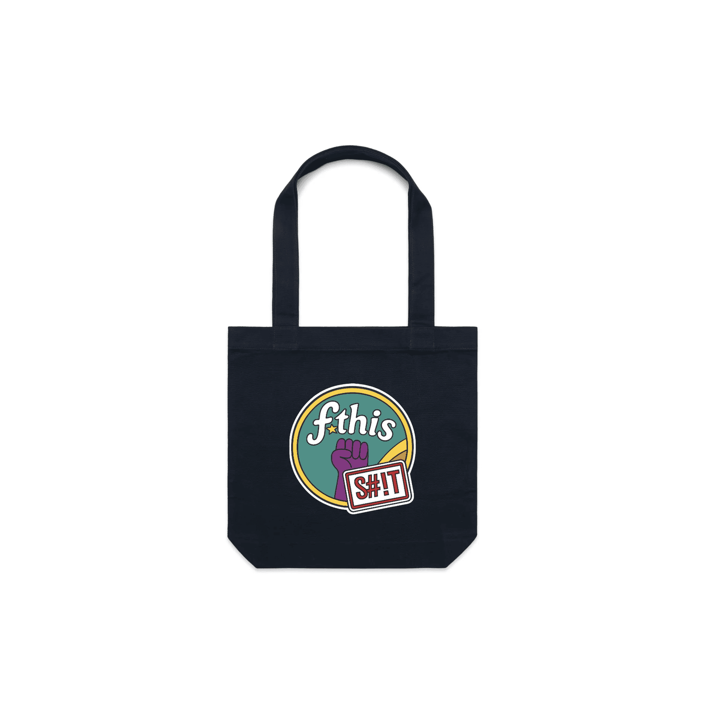 OG tote - navy canvas tote bag featuring a retro “fthis sh!t” protest graphic with raised fist and bold design