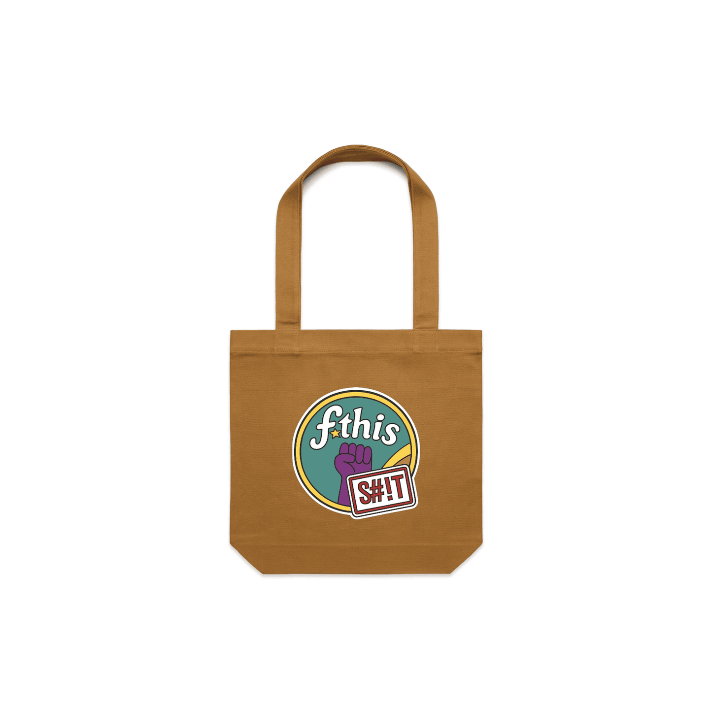 OG tote - camel canvas tote bag featuring a retro “fthis sh!t” protest graphic with raised fist and bold design