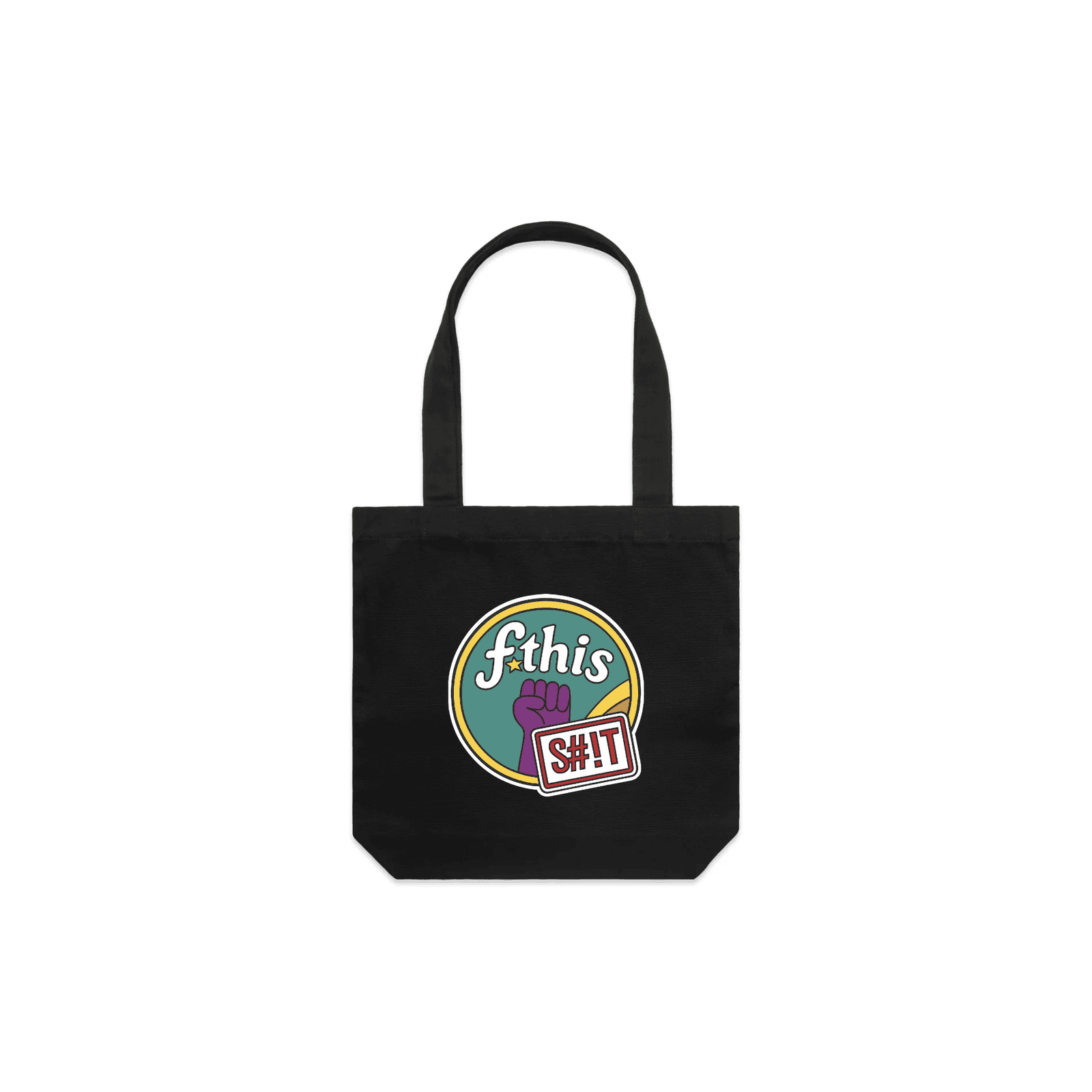 OG tote - black canvas tote bag featuring a retro “fthis sh!t” protest graphic with raised fist and bold design