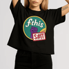 F*this s#!t - woman in black martina boxy style women's protest t-shirt featuring a retro circular “fthis sht” graphic