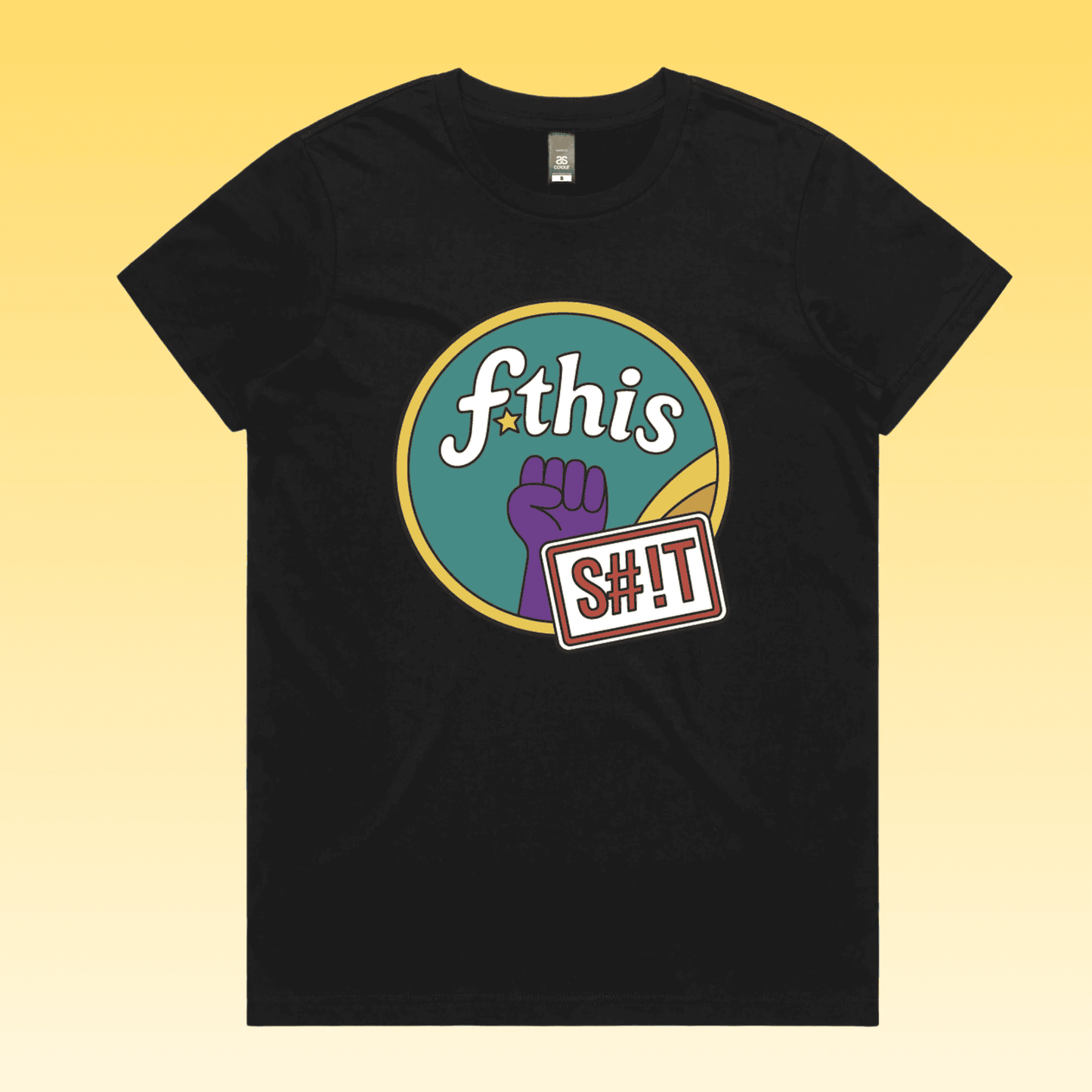 F*this s#!t - black maple women's protest t-shirt featuring a retro circular “fthis shit” graphic with a raised purple fi