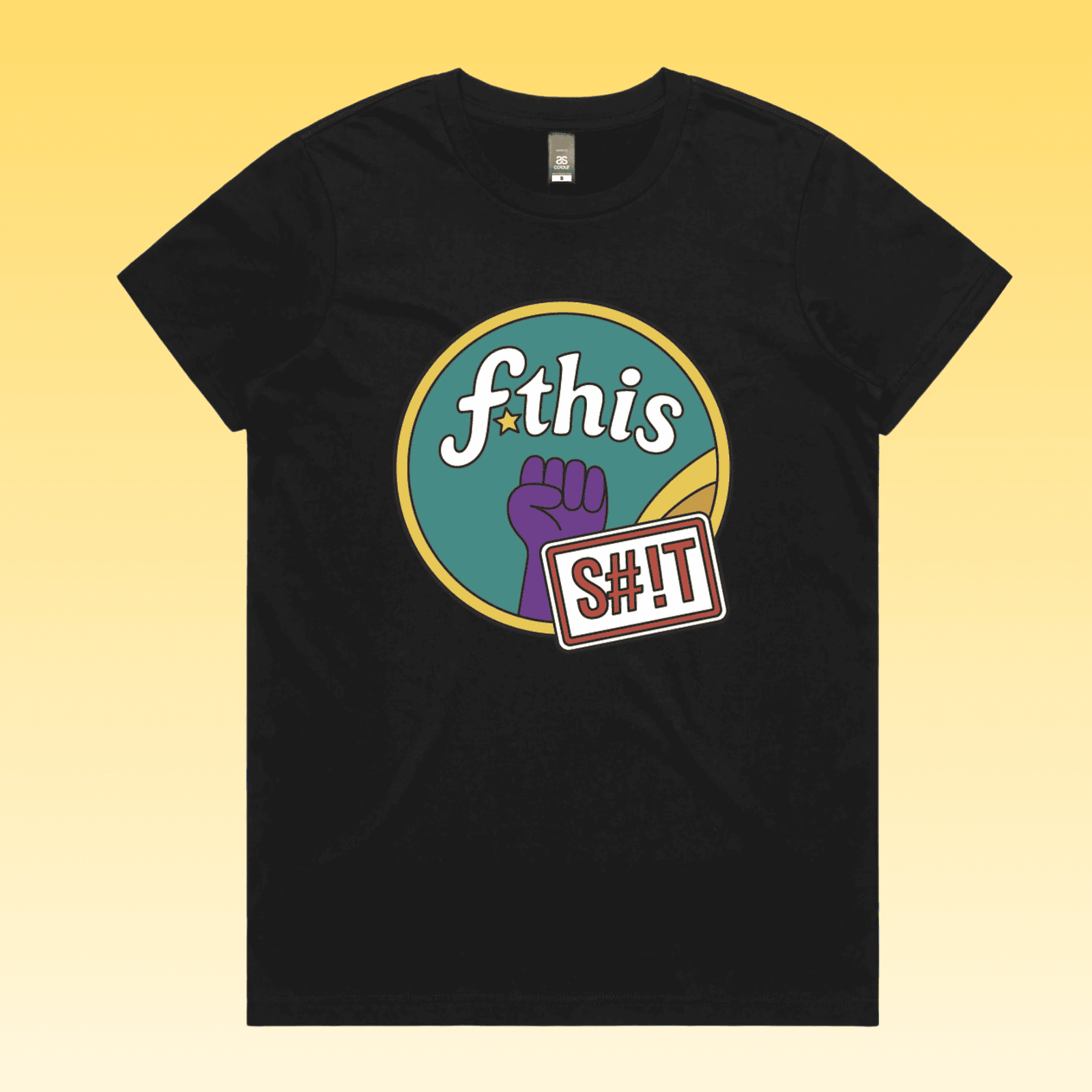 F*this s#!t - black maple women's protest t-shirt featuring a retro circular “fthis shit” graphic with a raised purple fi