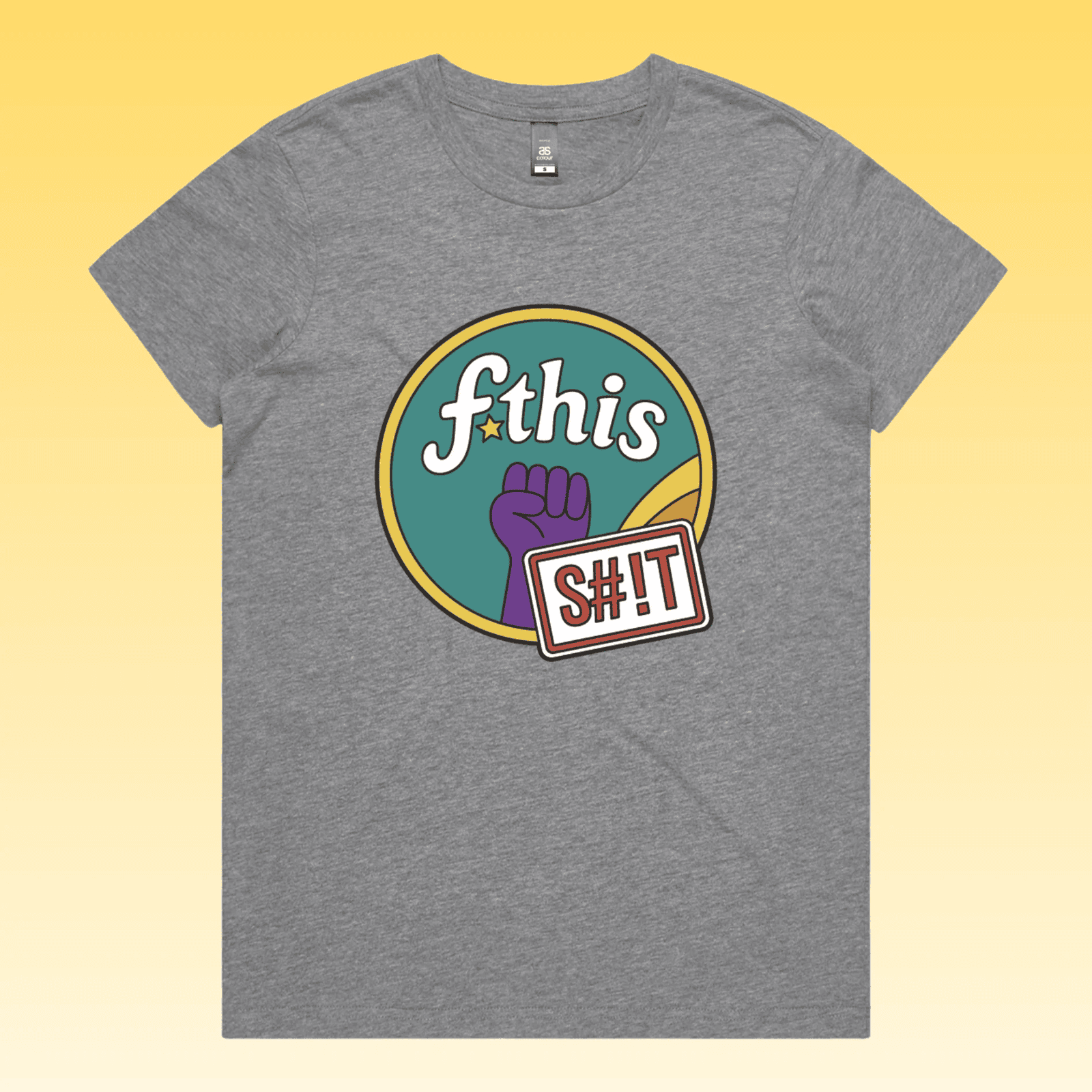 F*this s#!t - grey marle maple women's protest t-shirt featuring a retro circular “fthis shit” graphic with a raised purp