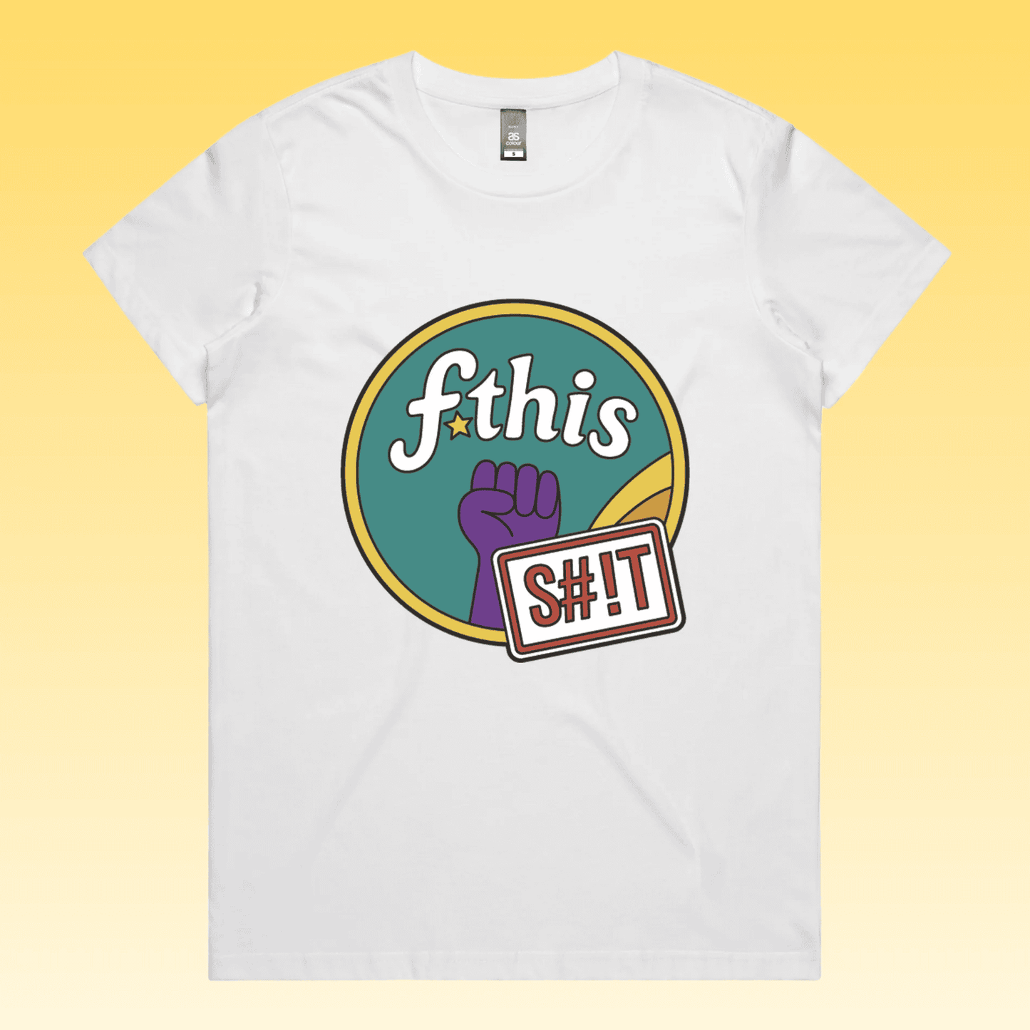 F*this s#!t - white maple women's protest t-shirt featuring a retro circular “fthis shit” graphic with a raised purple fi