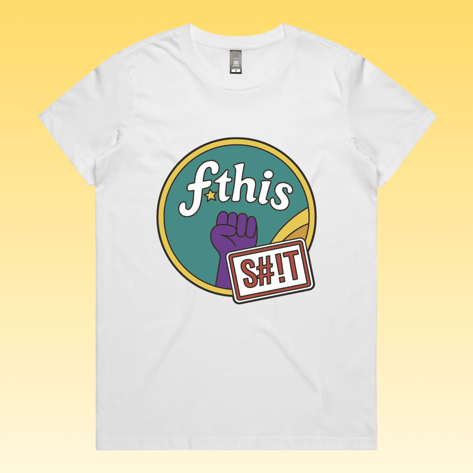 F*this s#!t - white maple women's protest t-shirt featuring a retro circular “fthis shit” graphic with a raised purple fi
