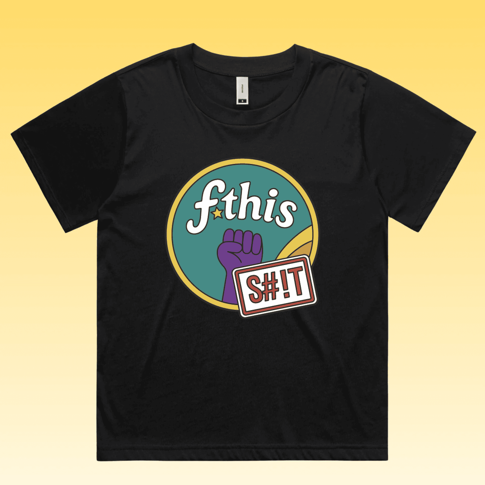 F*this s#!t - black martina boxy style women's protest t-shirt featuring a retro circular “fthis shit” graphic with a rai