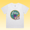 F*this s#!t - white martina boxy style women's protest t-shirt featuring a retro circular “fthis shit” graphic with a rai