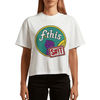 F*this s#!t - woman in white martina boxy style women's protest t-shirt featuring a retro circular “fthis sht” graphic wi