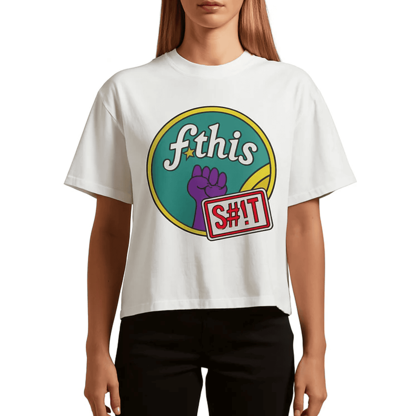 F*this s#!t - woman in white martina boxy style women's protest t-shirt featuring a retro circular “fthis sht” graphic wi