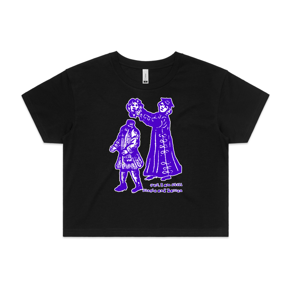 Still single and barren feminist t-shirt in black, crop — fthis