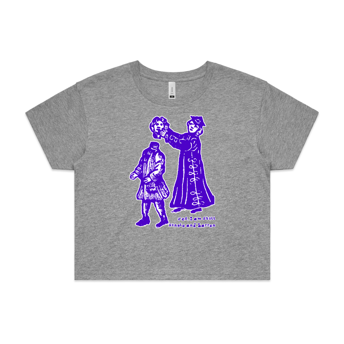 Still single and barren feminist t-shirt in grey marle, crop — fthis