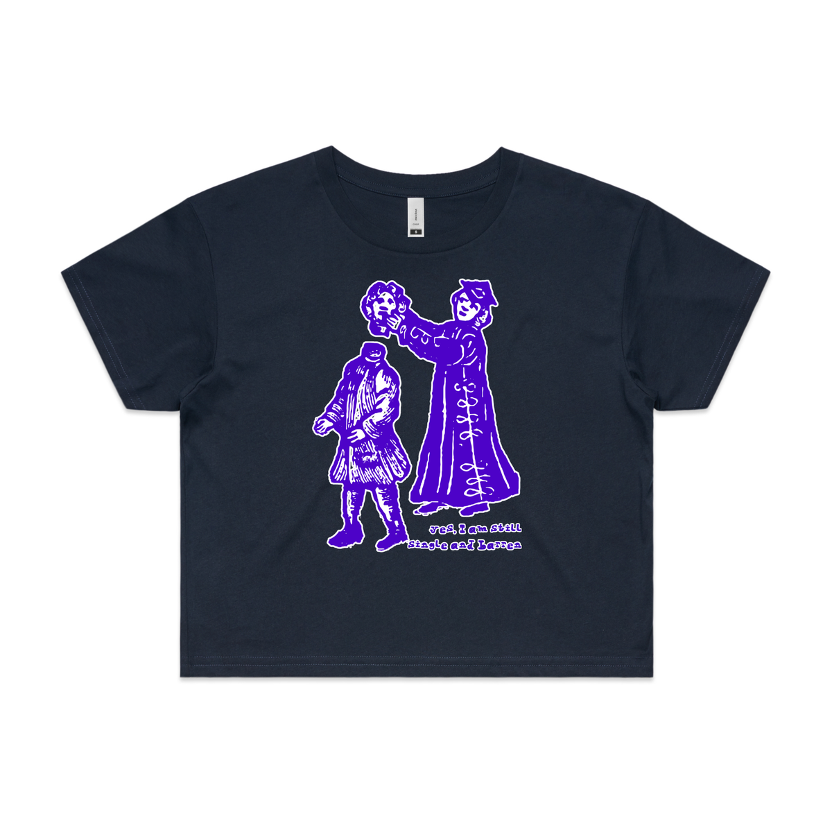 Still single and barren feminist t-shirt in navy, crop — fthis