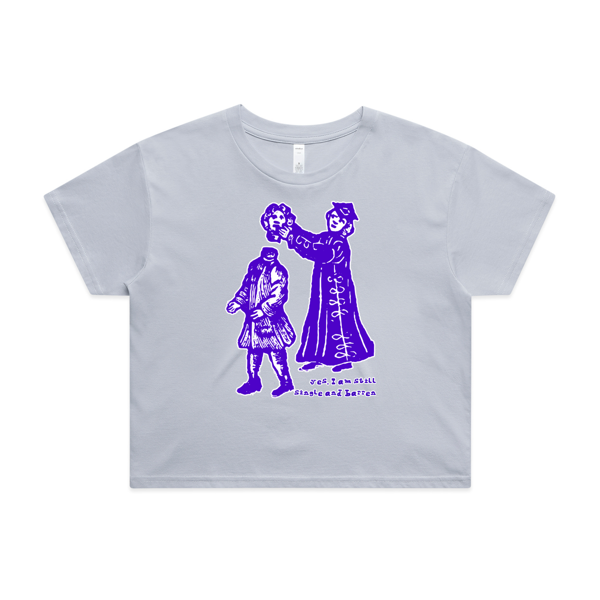 Still single and barren feminist t-shirt in powder, crop — fthis