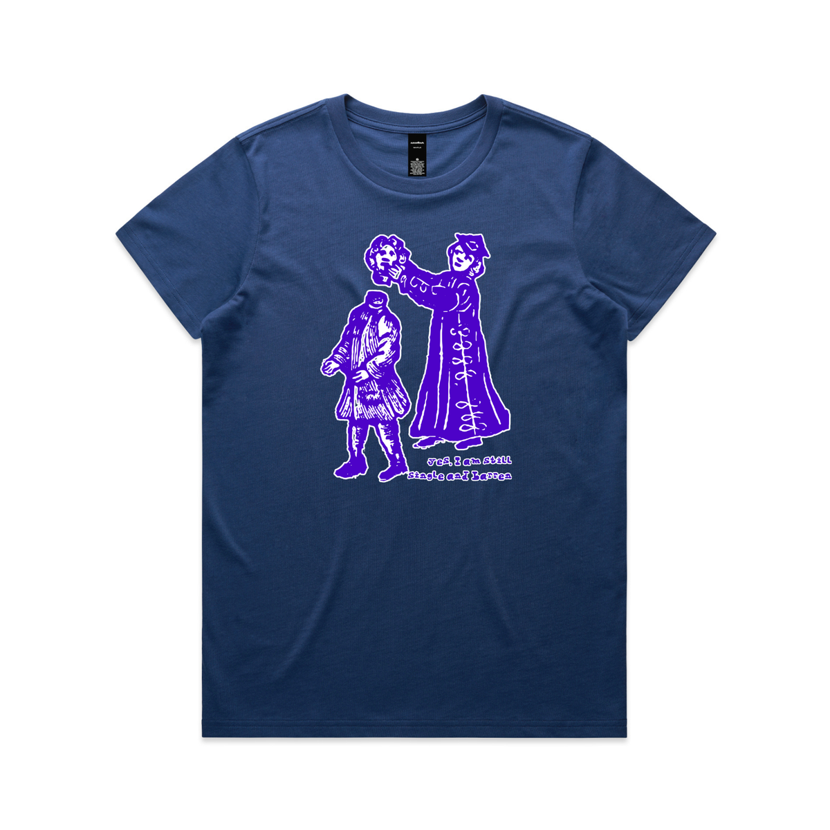 Still single and barren feminist t-shirt in cobalt, womens fit — fthis