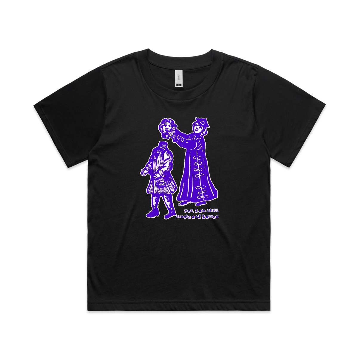 Still single and barren feminist t-shirt in black, boxy womens fit — fthis