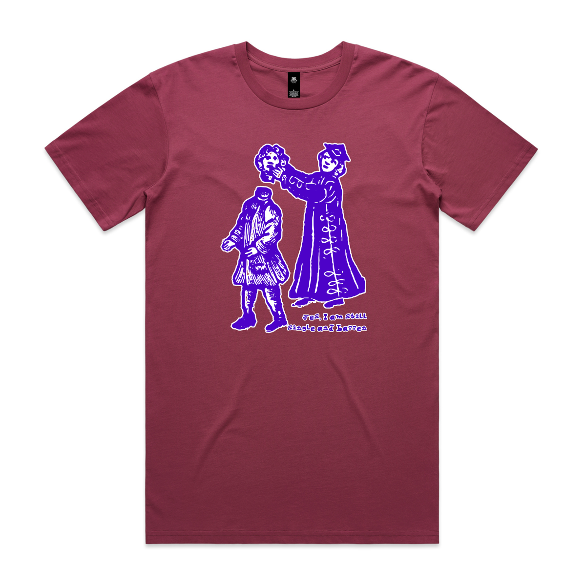 Still single and barren feminist t-shirt in berry, unisex — fthis