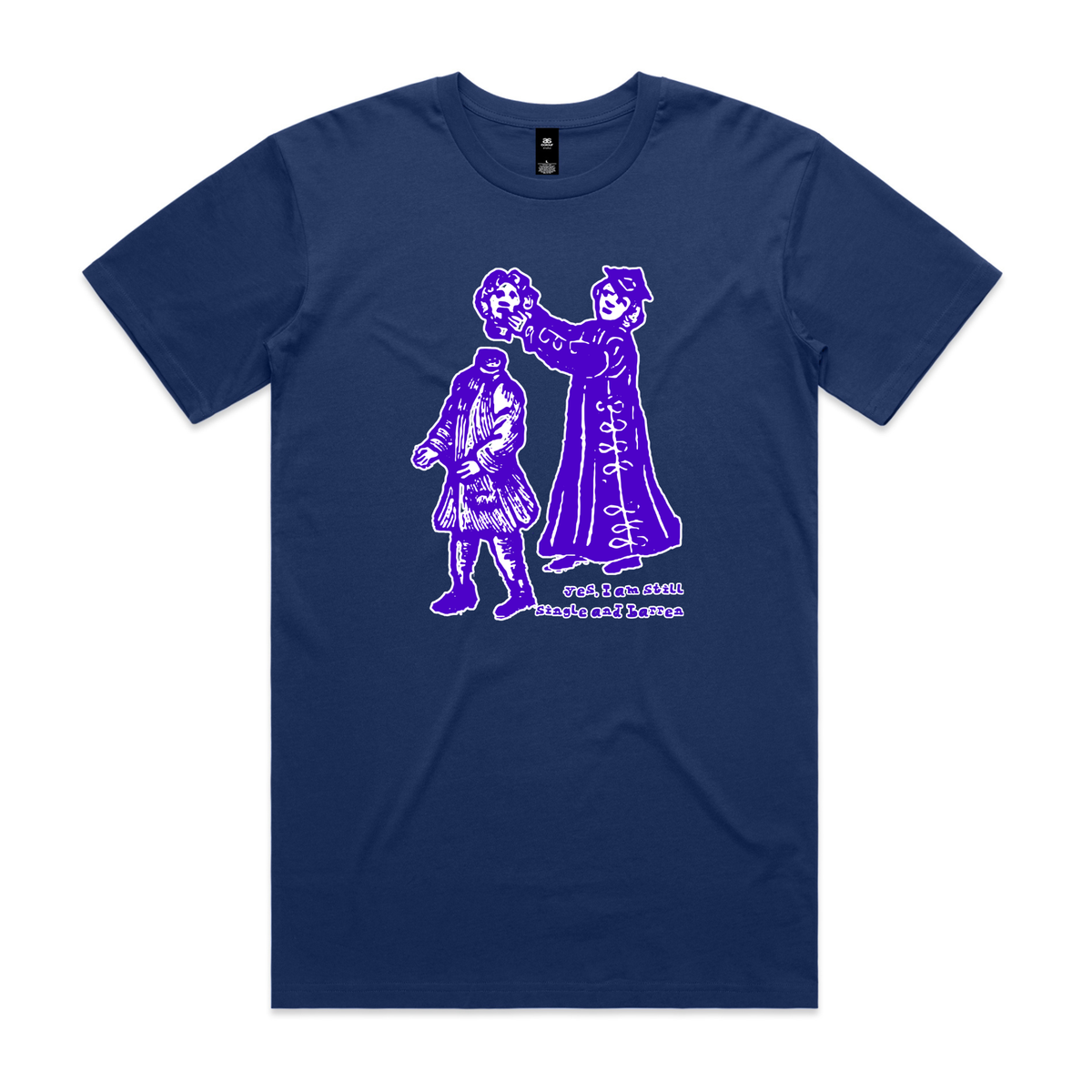 Still single and barren feminist t-shirt in cobalt, unisex — fthis