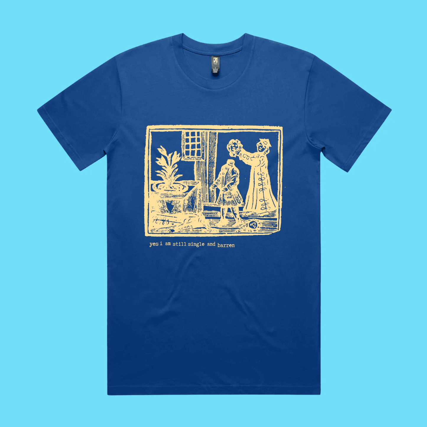 Yes, I am still single and barren - bright royal blue classic t-shirt with medieval woodcut illustration showing a witch and 