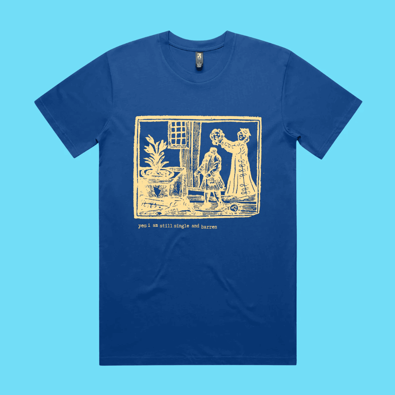 Yes, I am still single and barren - bright royal blue classic t-shirt with medieval woodcut illustration showing a witch and 