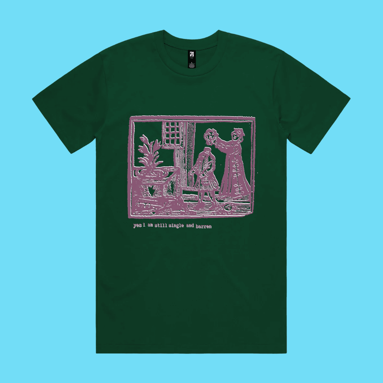 Yes, I am still single and barren - emerald classic t-shirt with medieval woodcut illustration showing a witch and enemies - 