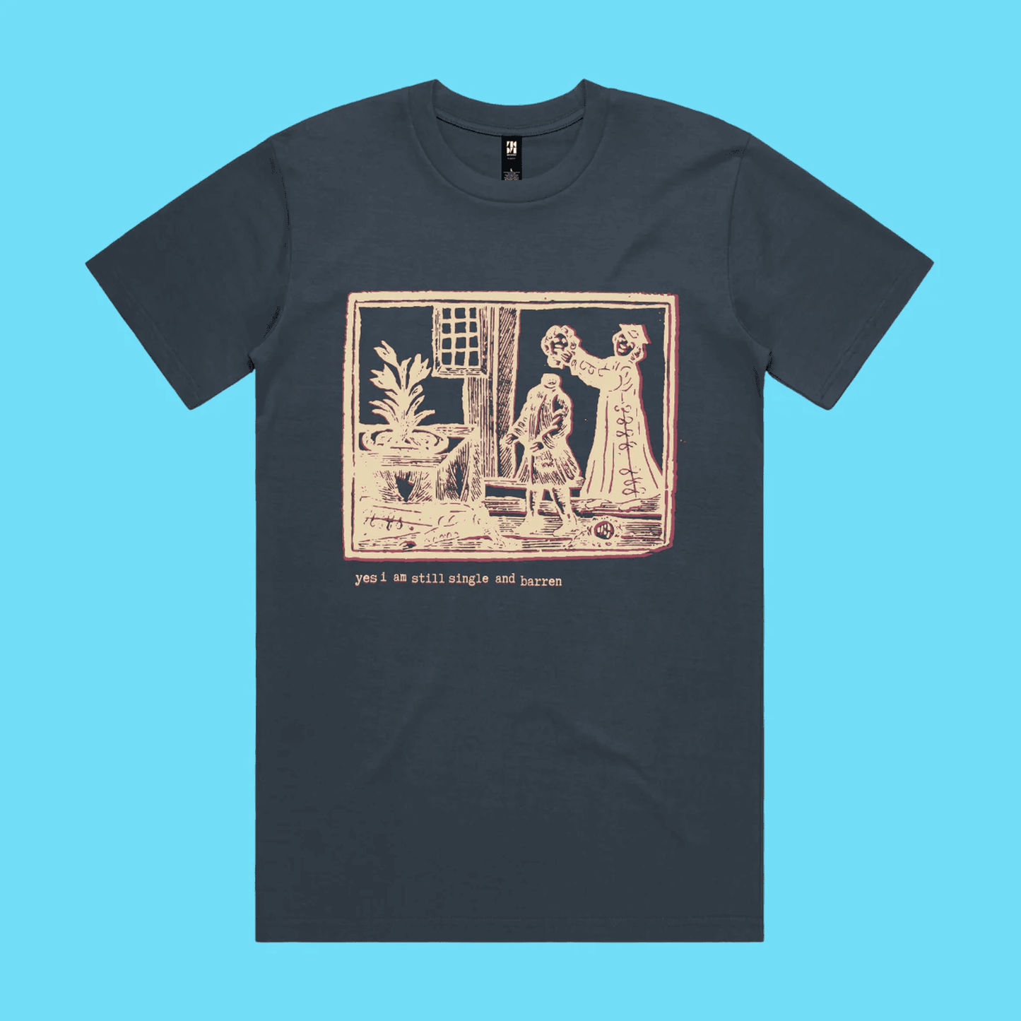 Yes, I am still single and barren - petrol blue classic t-shirt with medieval woodcut illustration showing a witch and enemie