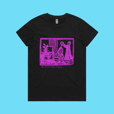 Yes, I am still single and barren - black maple t-shirt with medieval woodcut illustration showing a witch and enemies - fthi