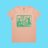 Yes, I am still single and barren - pink maple t-shirt with medieval woodcut illustration showing a witch and enemies - fthis