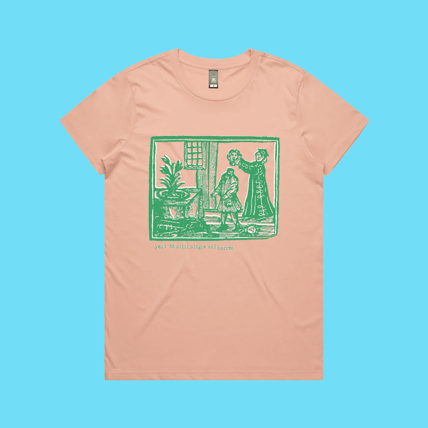 Yes, I am still single and barren - pink maple t-shirt with medieval woodcut illustration showing a witch and enemies - fthis