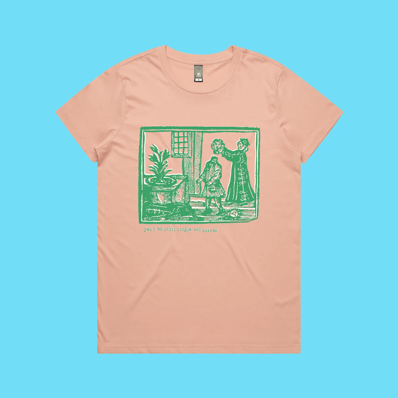 Yes, I am still single and barren - pink maple t-shirt with medieval woodcut illustration showing a witch and enemies - fthis