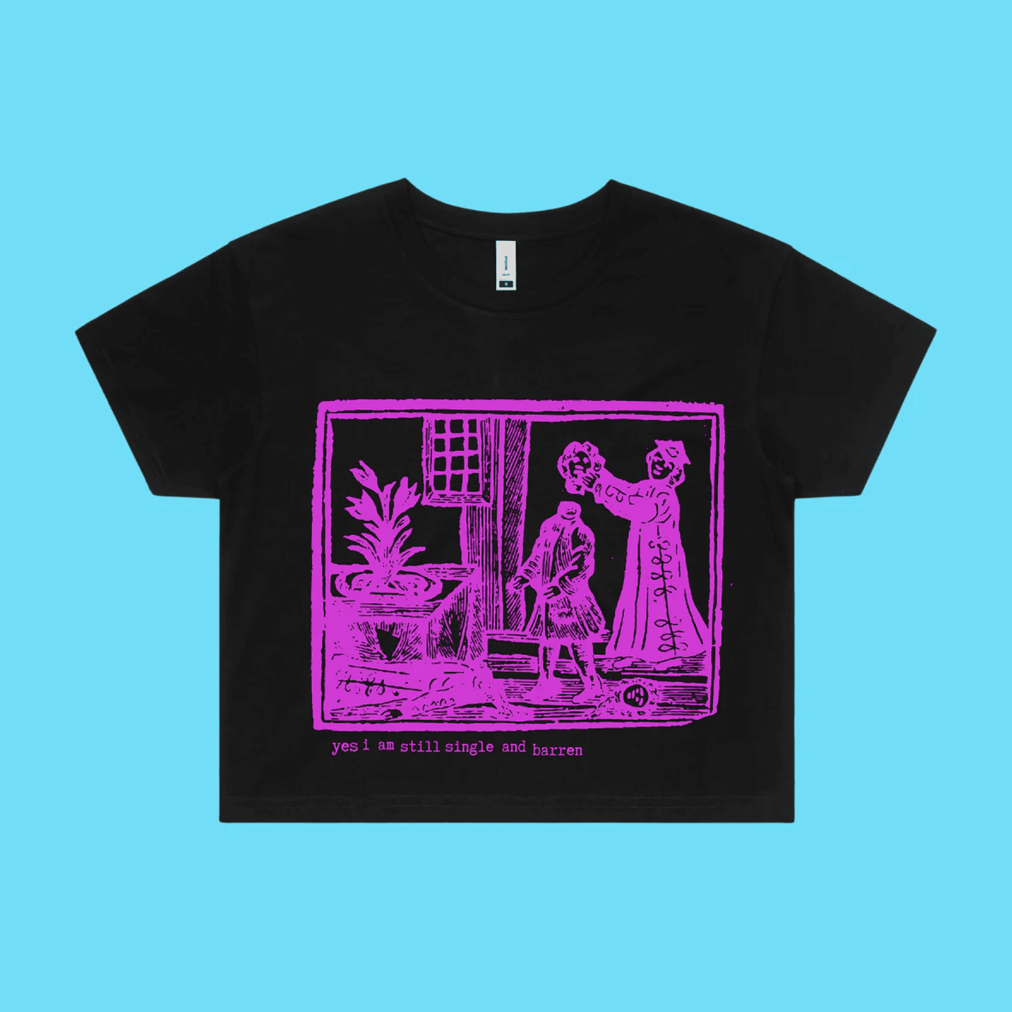 Yes, I am still single and barren - black crop t-shirt with medieval woodcut illustration showing a witch and enemies - fthis