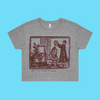 Yes, I am still single and barren - grey marle crop t-shirt with medieval woodcut illustration showing a witch and enemies - 