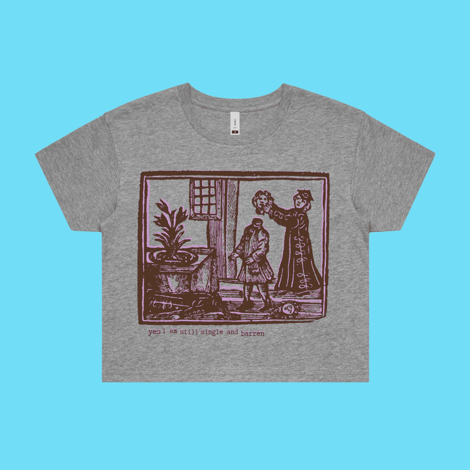 Yes, I am still single and barren - grey marle crop t-shirt with medieval woodcut illustration showing a witch and enemies - 