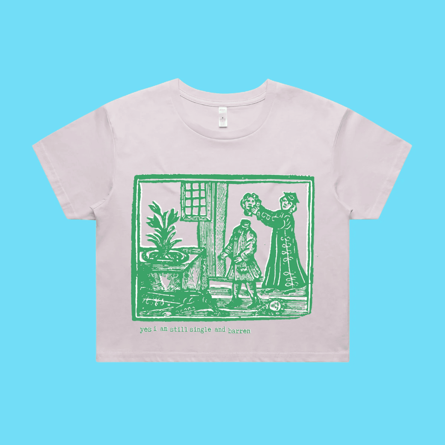 Yes, I am still single and barren - orchid crop t-shirt with medieval woodcut illustration showing a witch and enemies - fthi