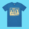 Yes, I am still single and barren - arctic blue staple t-shirt with medieval woodcut illustration showing a witch and enemies