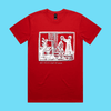 Yes, I am still single and barren - red staple t-shirt with medieval woodcut illustration showing a witch and enemies - fthis
