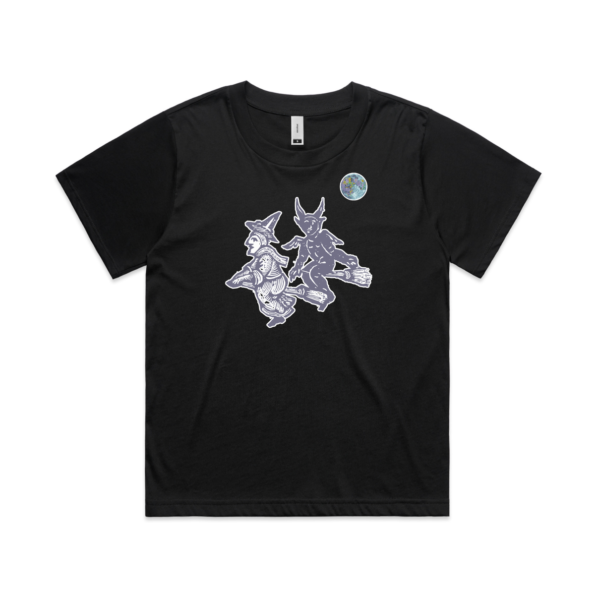 Broomstick witch and imp feminist t-shirt in black, womens boxy fit — fthis
