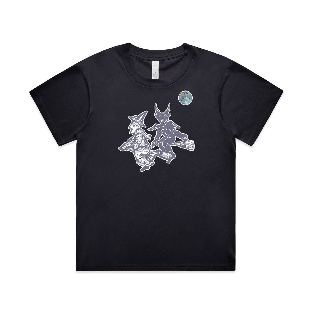 Broomstick witch and imp feminist t-shirt in navy, womens boxy fit — fthis