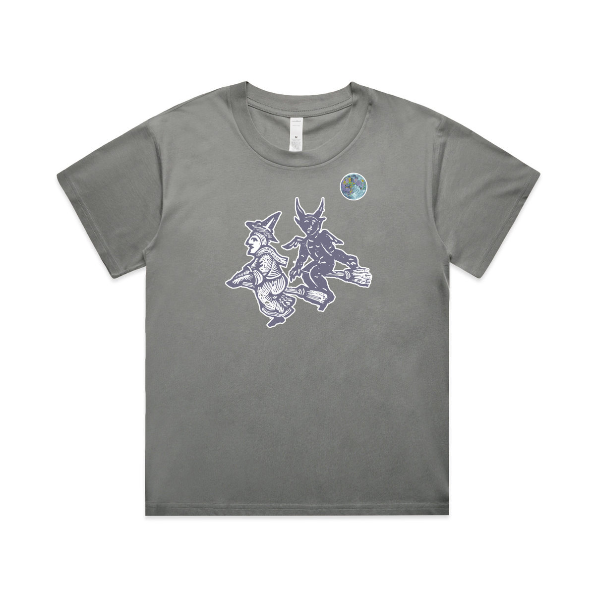 Broomstick witch and imp feminist t-shirt in shadow, womens boxy fit — fthis