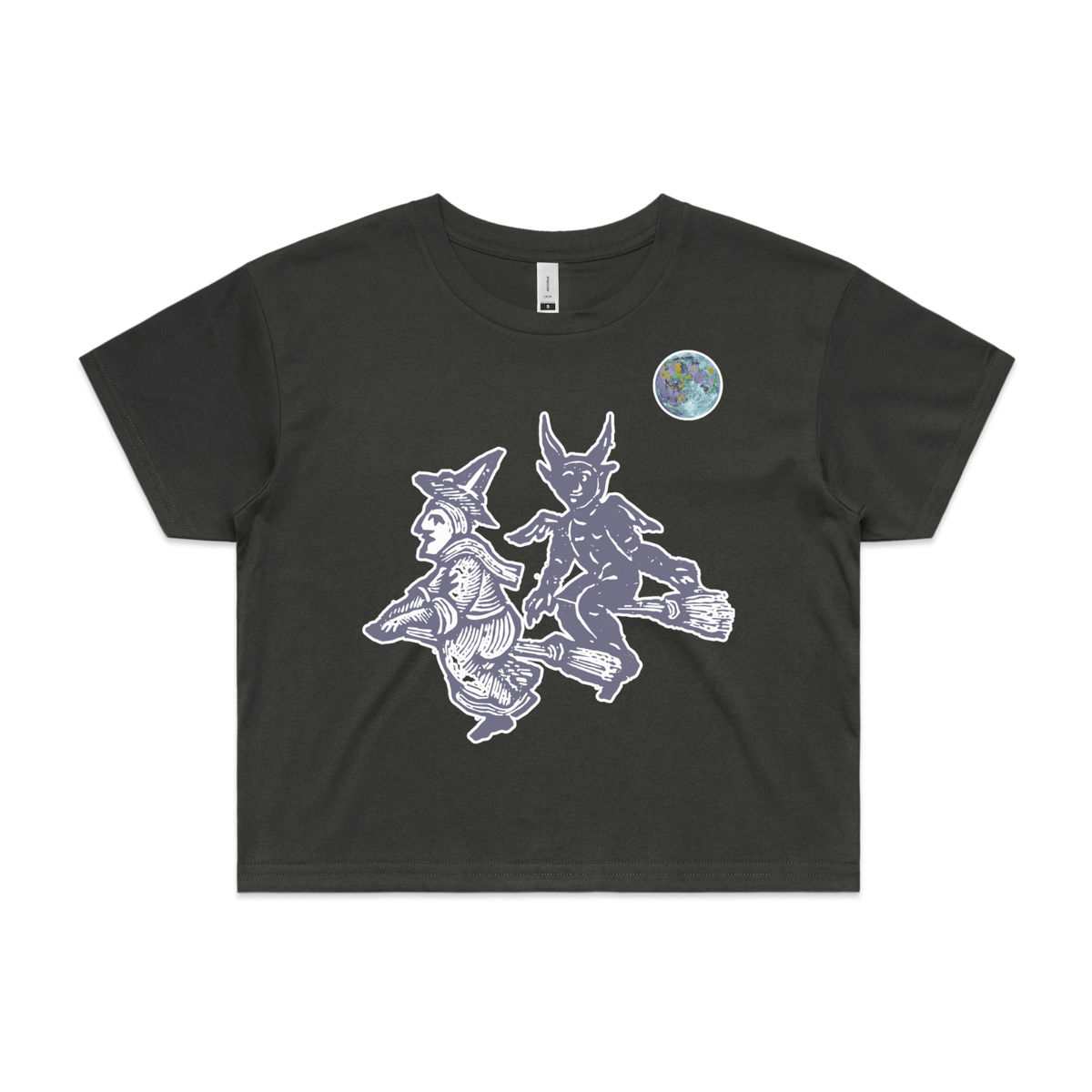 Broomstick witch and imp feminist crop t-shirt in coal — fthis